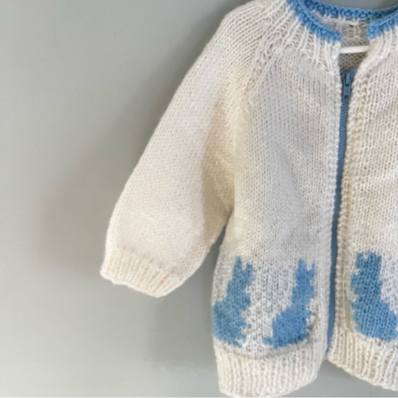 Handmade Knit Blue Bunny Rabbit Zip Up White Sweater Jacket Coat Child 4T 5T - Picture 12 of 13